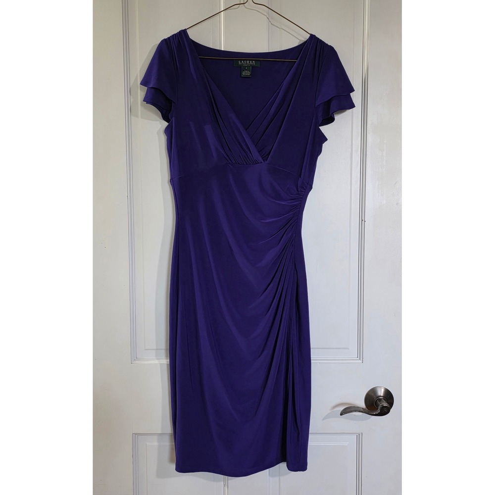 Lauren Ralph Lauren Purple Faux Wrap Sheath Dress Flutter Sleeve Womens Size 4
